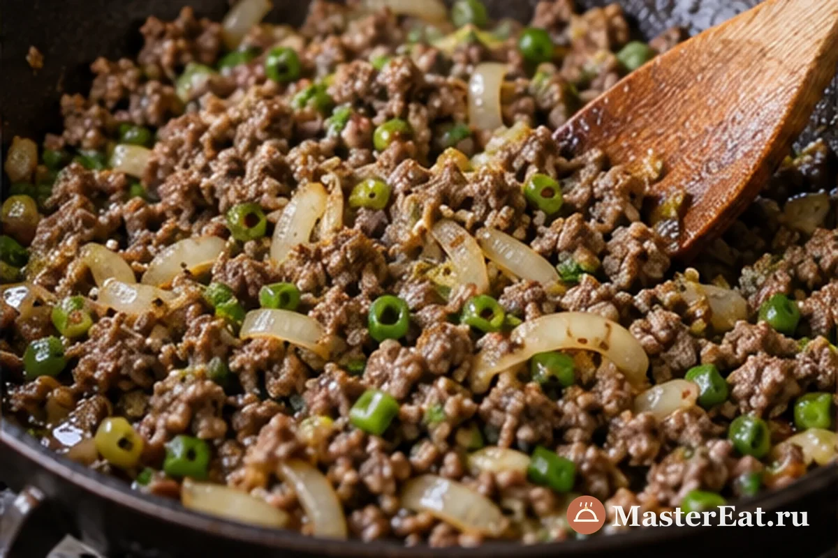Мартабак с мясом и яйцом: Говяжий фарш обжаривают с репчатым луком, чесноком и специями в сковороде.