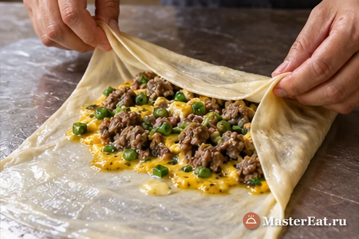 Мартабак с мясом и яйцом: На квадрат теста выкладывают смесь яйца, остывшего фарша и зелёного лука, затем складывают края конвертом.