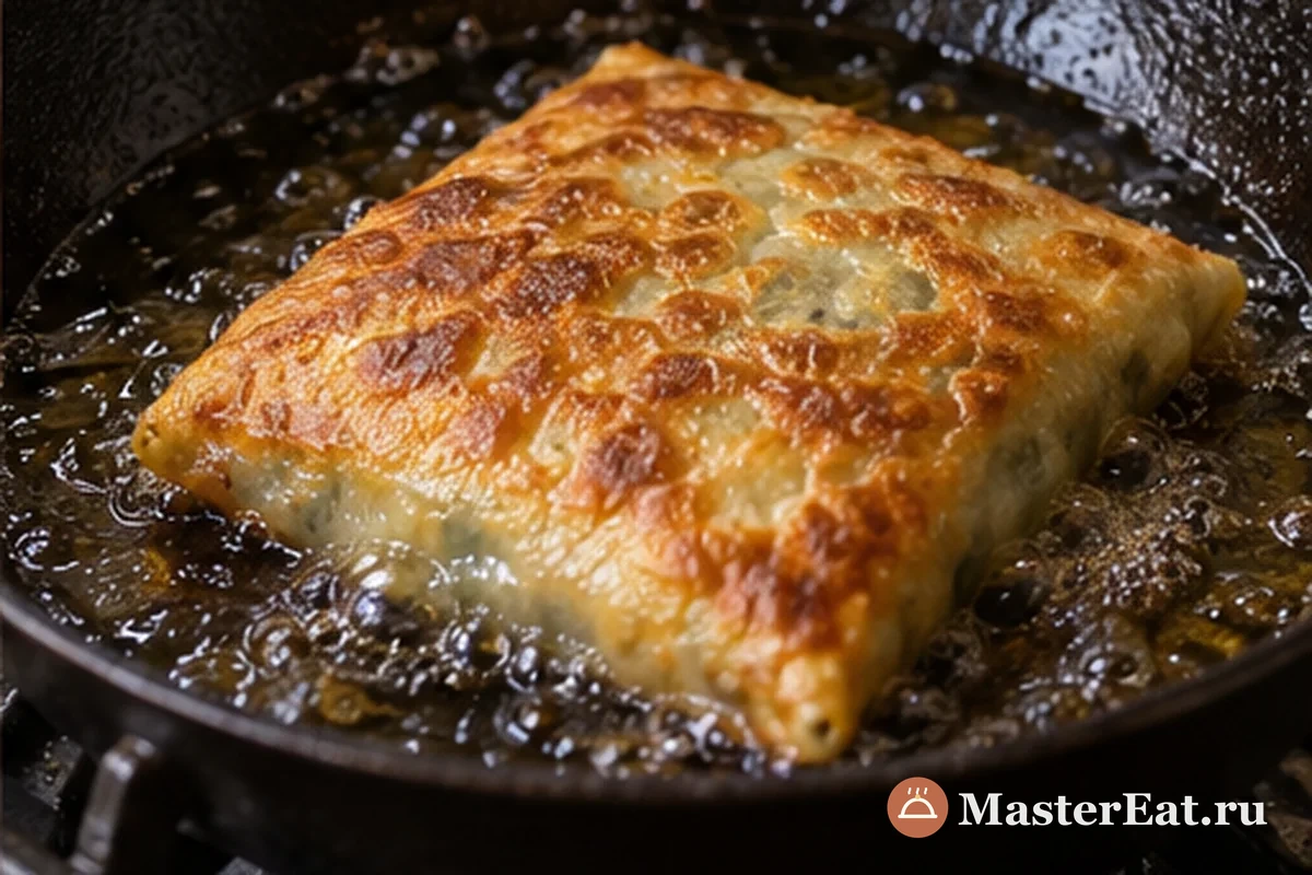 Мартабак с мясом и яйцом: Готовый золотистый мартабак лежит на тарелке разрезанным на квадраты, видна мясная яичная начинка.