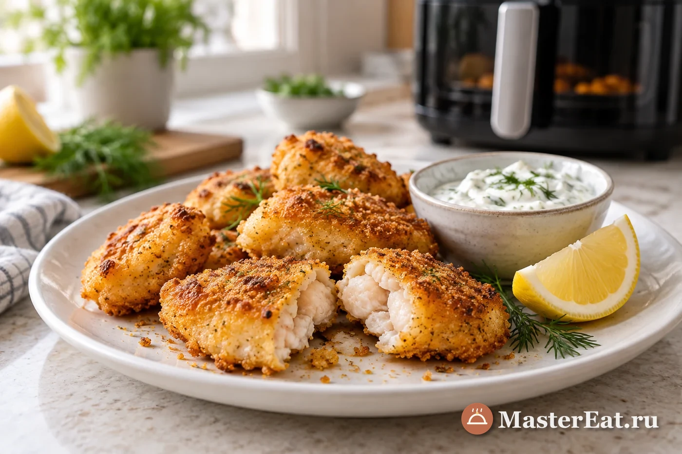 Золотистые молоки лосося в кукурузной корочке с отдельной пиалой укропного соуса