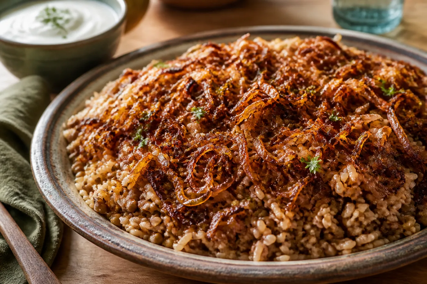 Ливанская муджадара с чечевицей, рисом и жареным луком