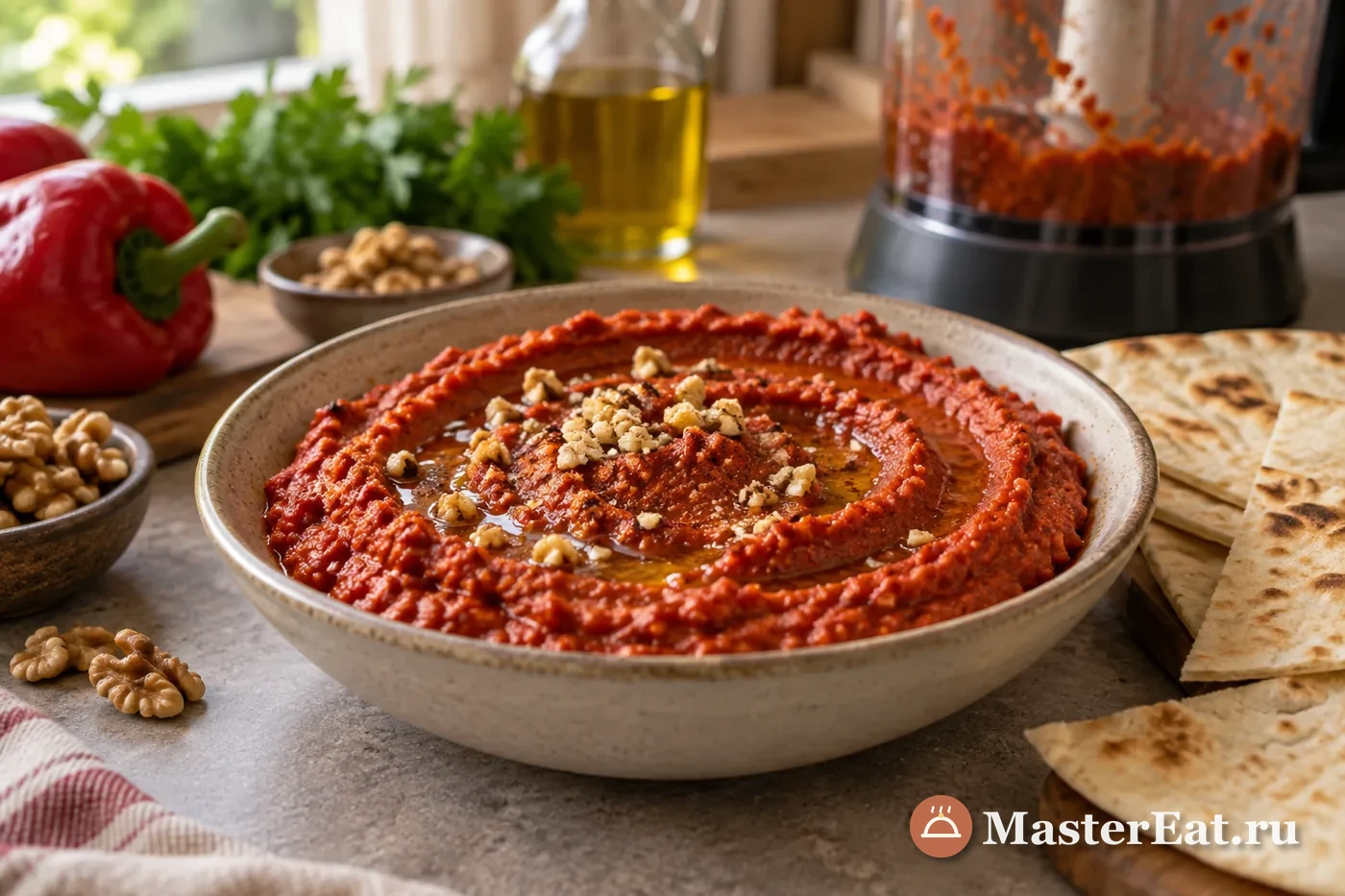 Красная мухаммара с ореховыми крошками и оливковым маслом