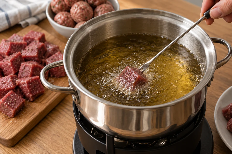 Шаг 9: Накалывайте по одному кусочку мяса или шарику и жарьте в масле небольшими партиями: кубики 2–3 минуты, шарики 4–