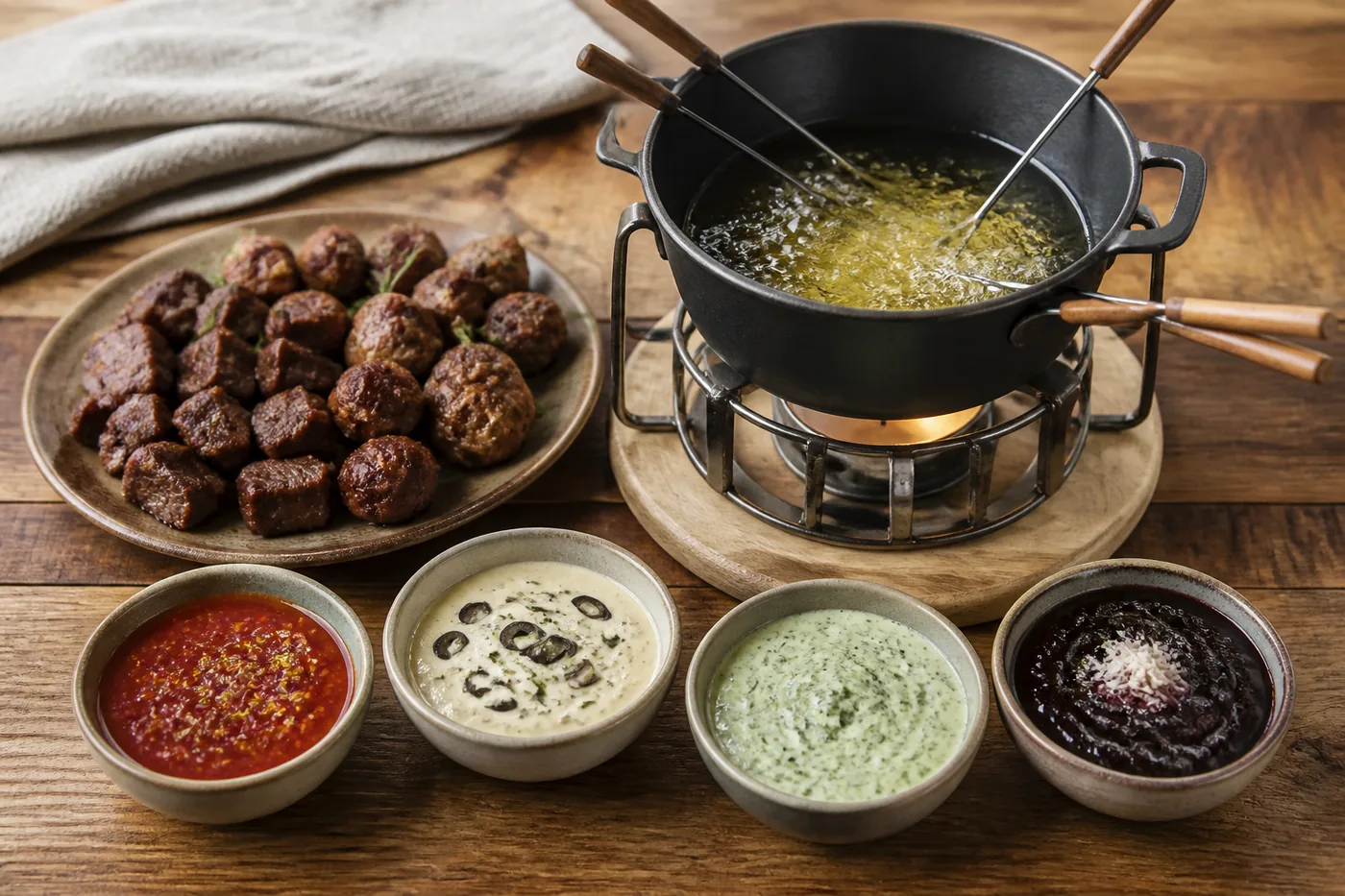 Мясное фондю с говядиной и четырьмя соусами