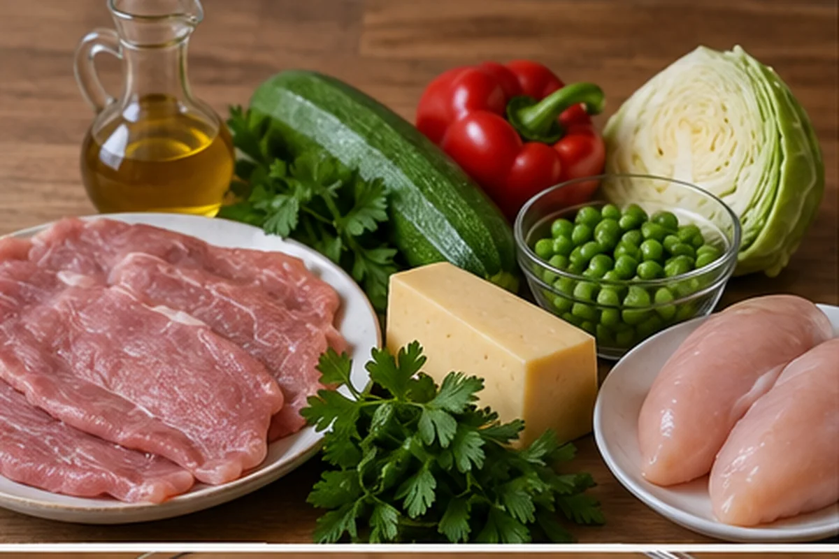 Для мясных конвертиков подготовили тонко нарезанное мясо, сыр и овощи.