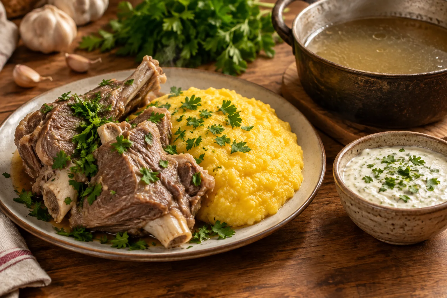 Шаг 8. Подавайте мясо с горячей мамалыгой, чесночным соусом и рубленой петрушкой, а оставшийся бульон поставьте отдельно.