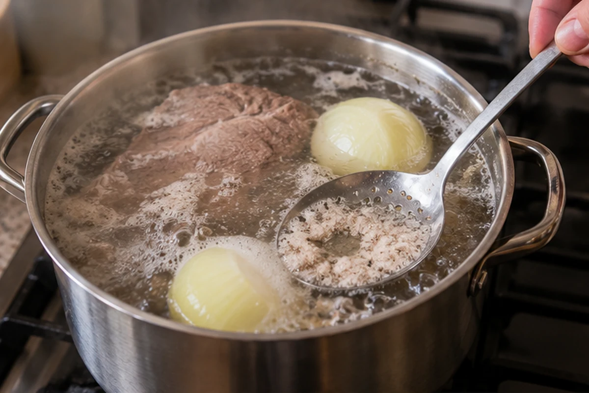 Шаг 5. Обе половинки луковицы вместе с мясом опусти в кипящую воду и в течение первых 20 минут снимать образующуюся накипь.