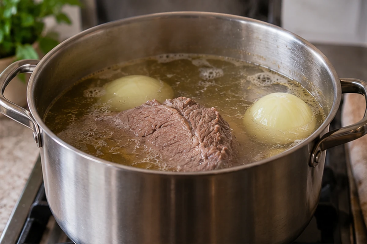 Шаг 6. Потом вари мясо в открытой кастрюле на слабом огне в течение 2 часов.