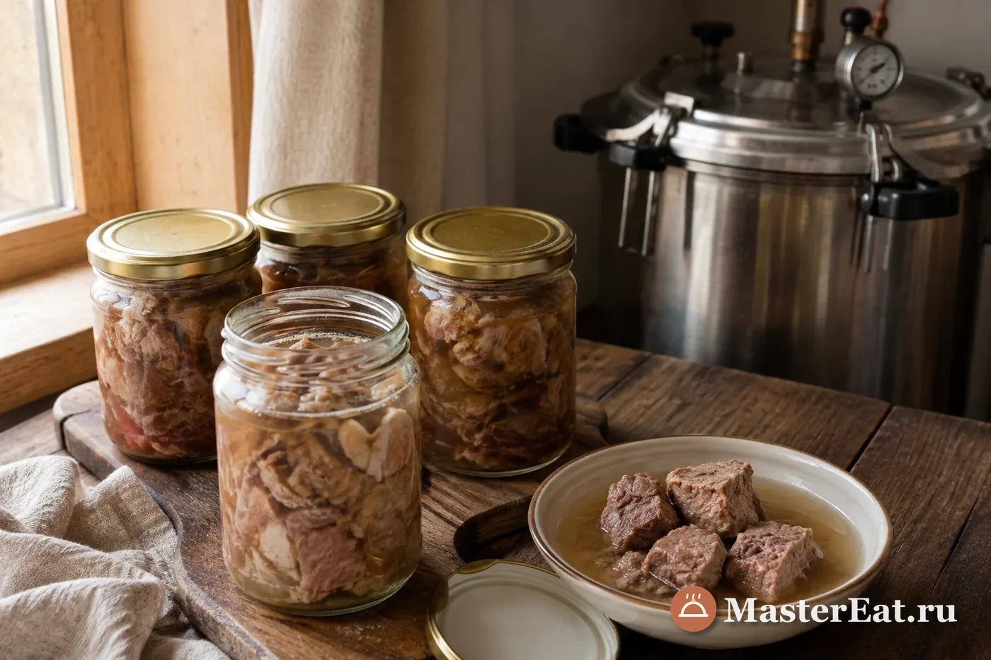 Открытая банка с плотными кусочками говядины в прозрачном бульоне