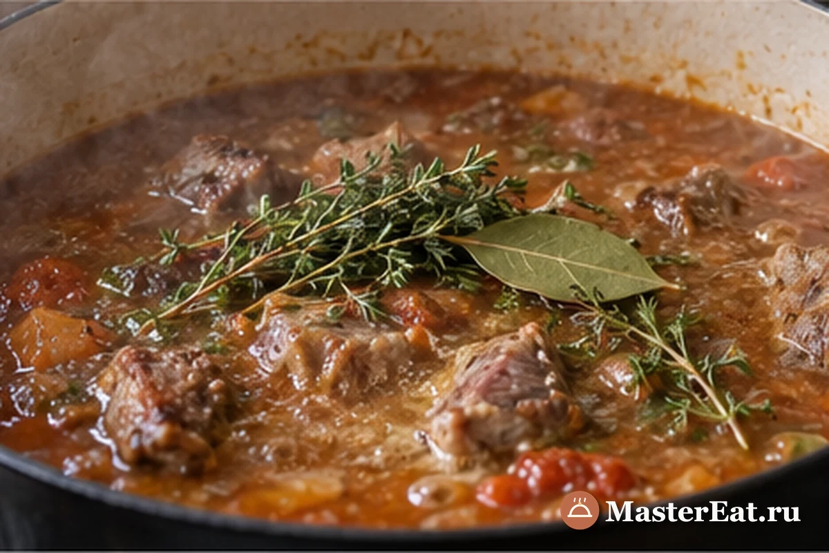 Мясо медленно тушится с травами