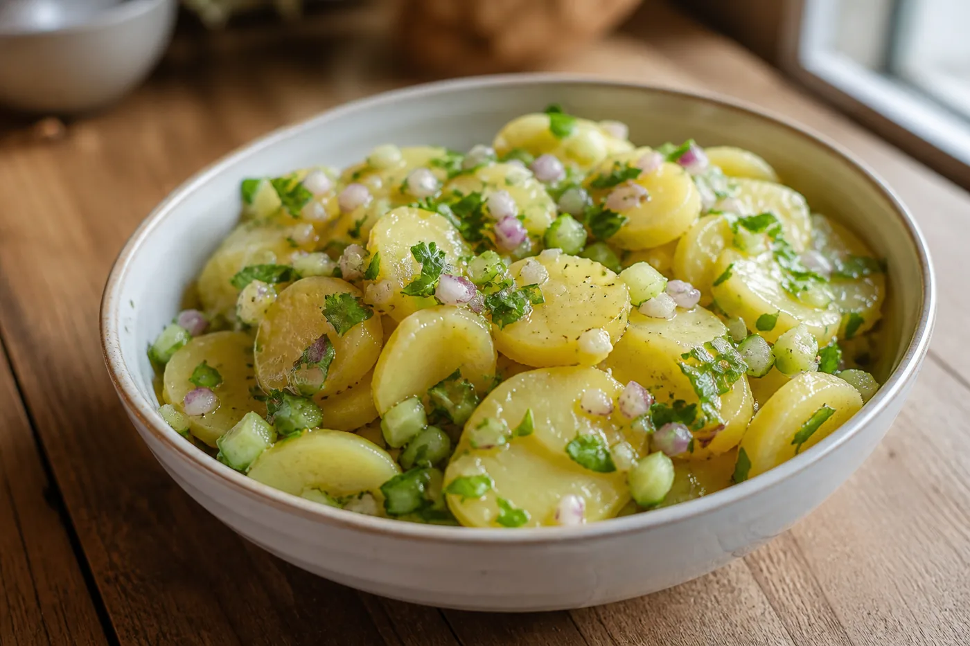 Немецкий картофельный салат с огурцом и зеленью