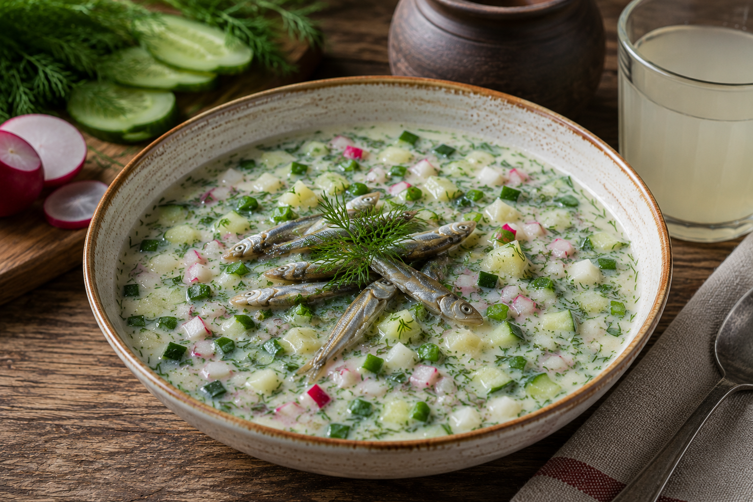 Псковская окрошка на квасе с огурцом, редисом, яйцом, зеленью и маленькими снетками