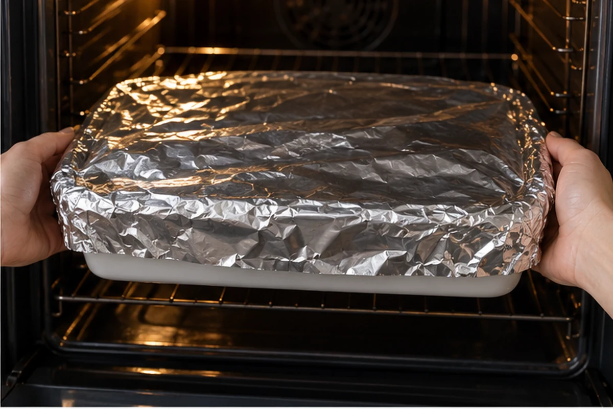 Шаг 6. Накройте форму фольгой и запекайте рыбу 25 минут при 180 °C.