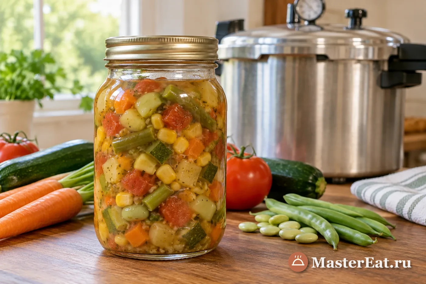 Плотная овощная смесь с кукурузой, морковью, зелёным горошком, стручковой фасолью и томатами в открытой стеклянной банке рядом с автоклавом