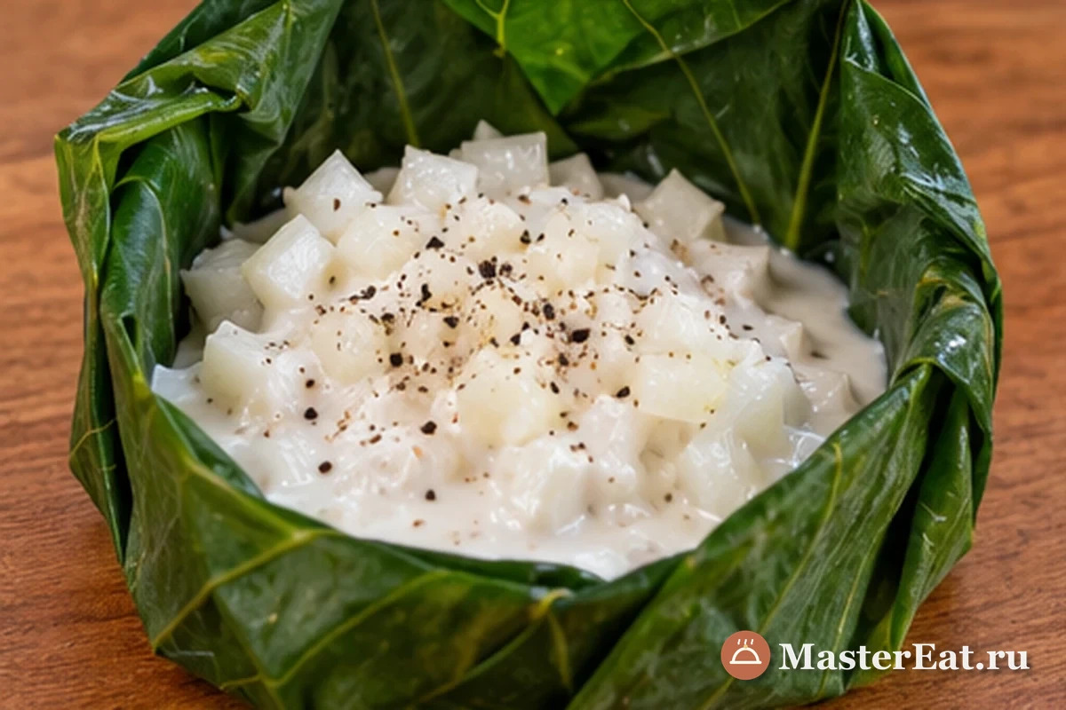Кокосовую начинку заворачивают в листья таро