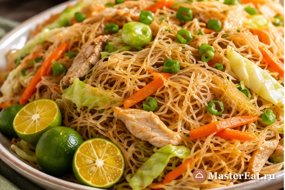 Филиппинский панцит бихон с рисовой лапшой, курицей, морковью и капустой