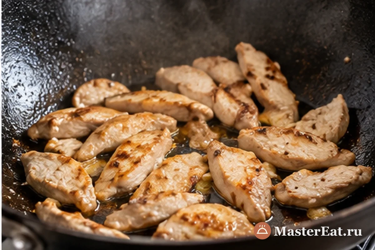 Панцит бихон с курицей и овощами: Полоски курицы обжаривают до золотистого цвета в глубокой сковороде.