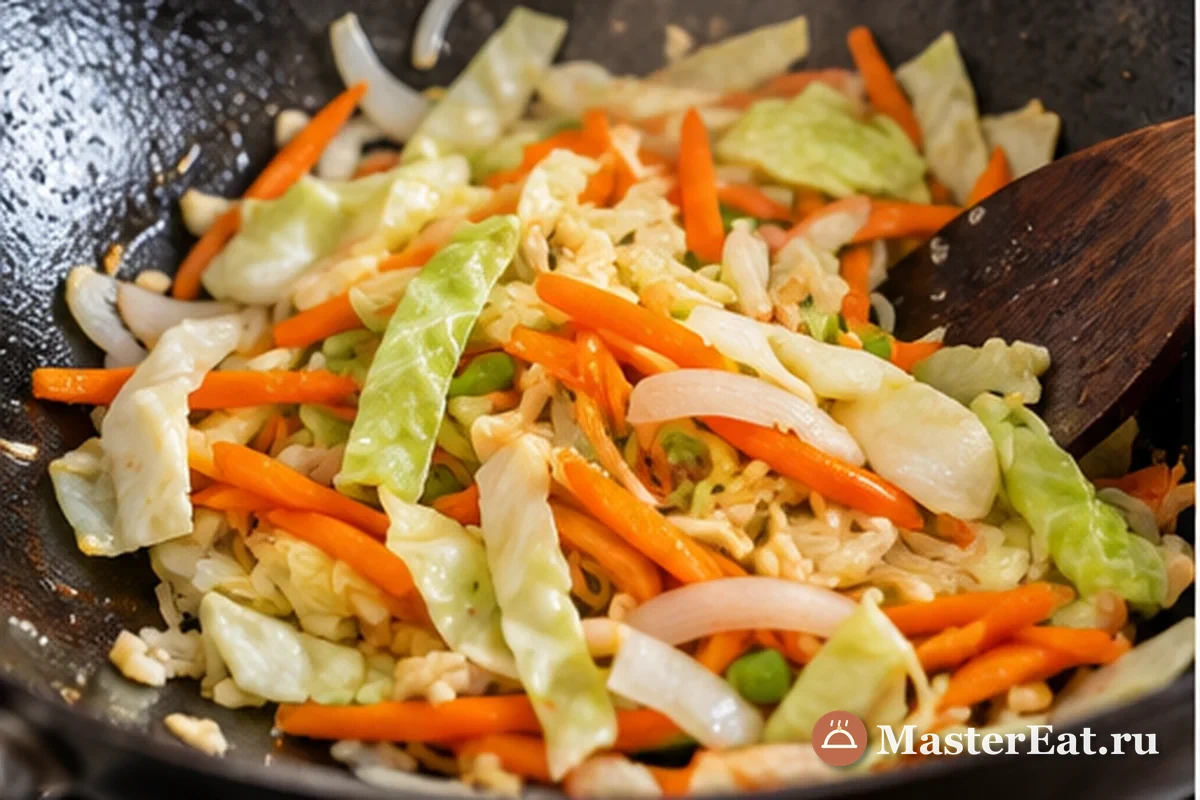 Панцит бихон с курицей и овощами: Нашинкованные капусту, морковь и лук быстро обжаривают в сковороде с чесноком.