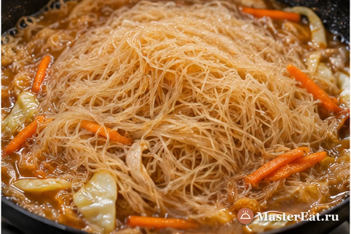 Панцит бихон с курицей и овощами: Размягчённую лапшу добавляют в кипящий куриный бульон с соевым соусом и перемешивают.