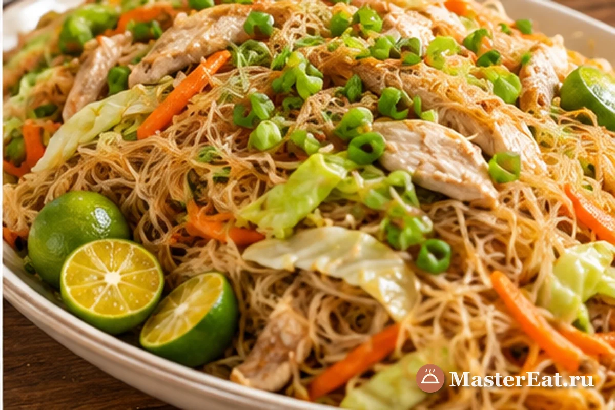 Панцит бихон с курицей и овощами: Готовый панцит бихон с курицей и овощами подан на блюде, сверху зелёный лук и долька лайма.