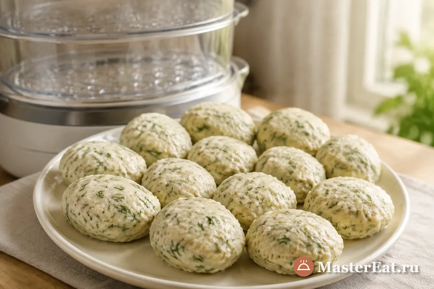 Двенадцать сочных паровых куриных котлет с укропом на светлой тарелке