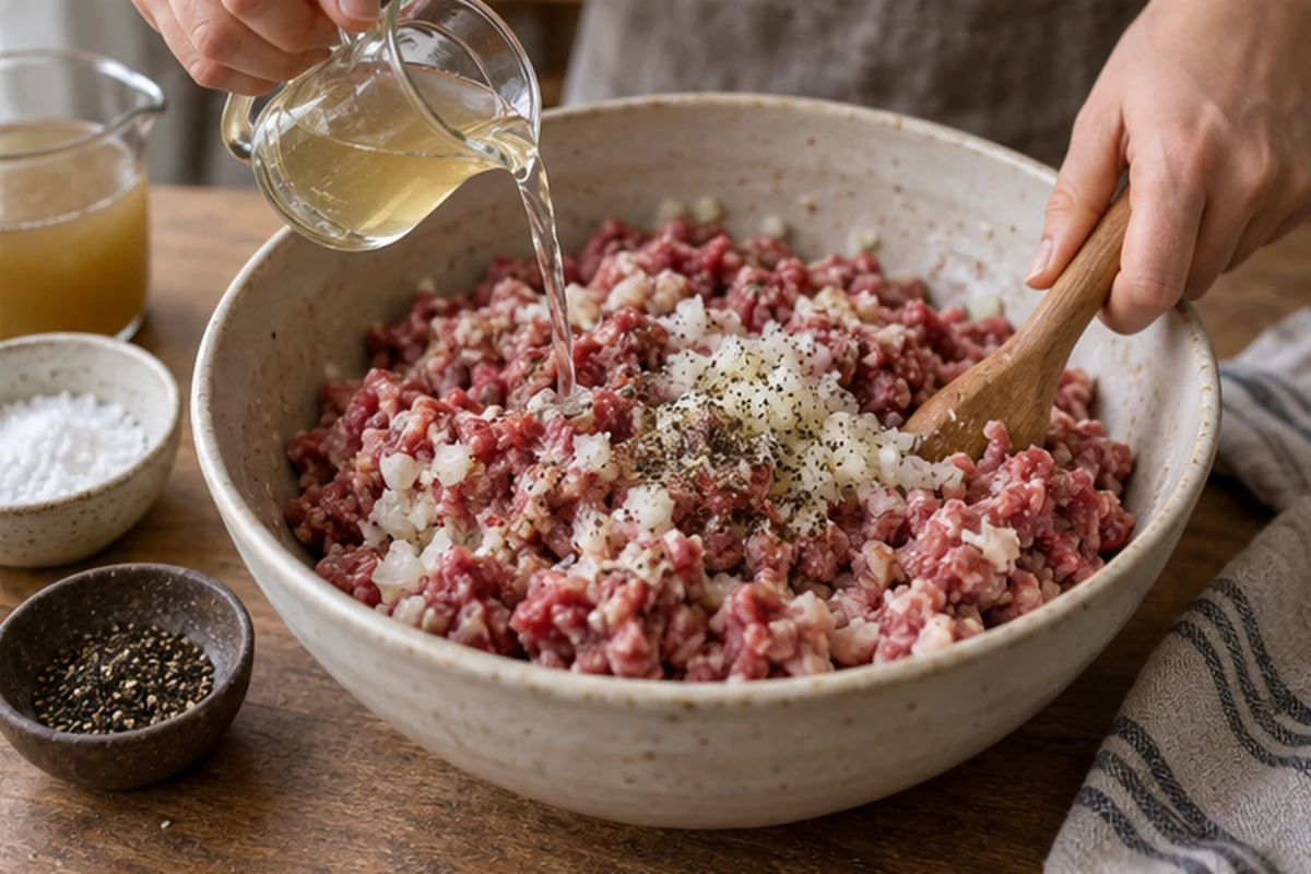 Шаг 4. Смешайте мясо с луком, солью и перцем, порциями влейте холодный бульон и вымешайте сочную начинку.