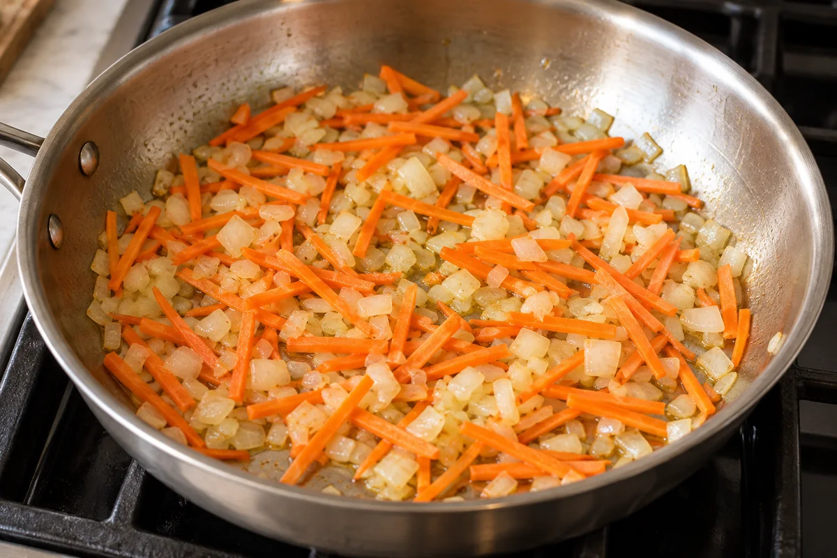 Шаг 5. Лук и морковь обжариваются в сковороде.