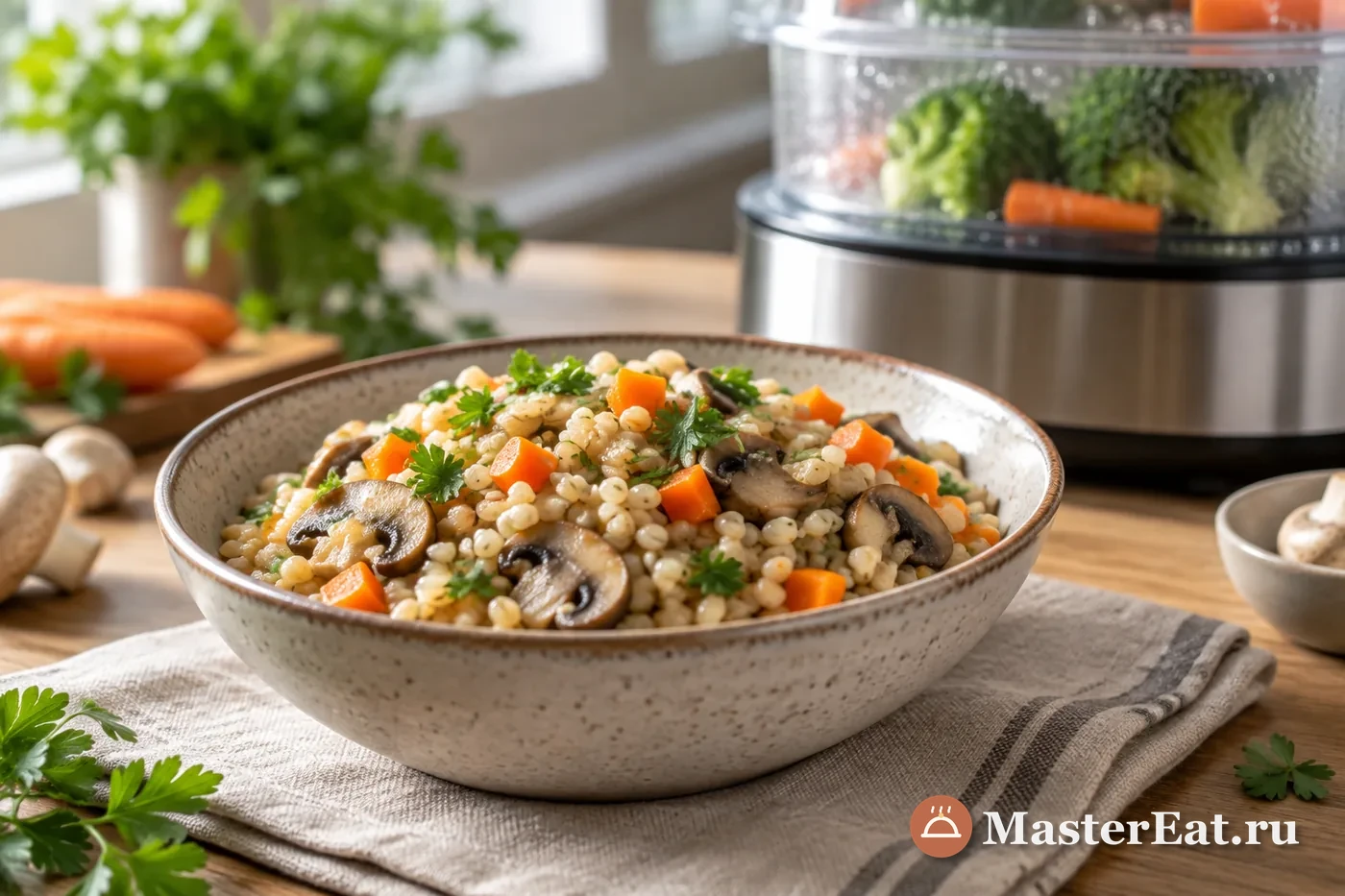 Рассыпчатая перловка с грибами и морковью рядом с пароваркой