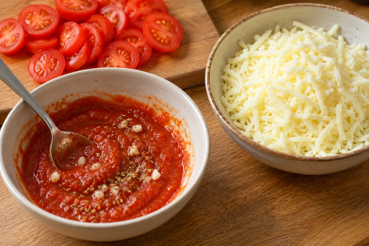 Пицца с креветками в аэрогриле – рецепт. Шаг 5: Смешайте томатный соус с измельчённым чесноком и орегано, помидоры нарежьте тонко, а моцареллу натрите.