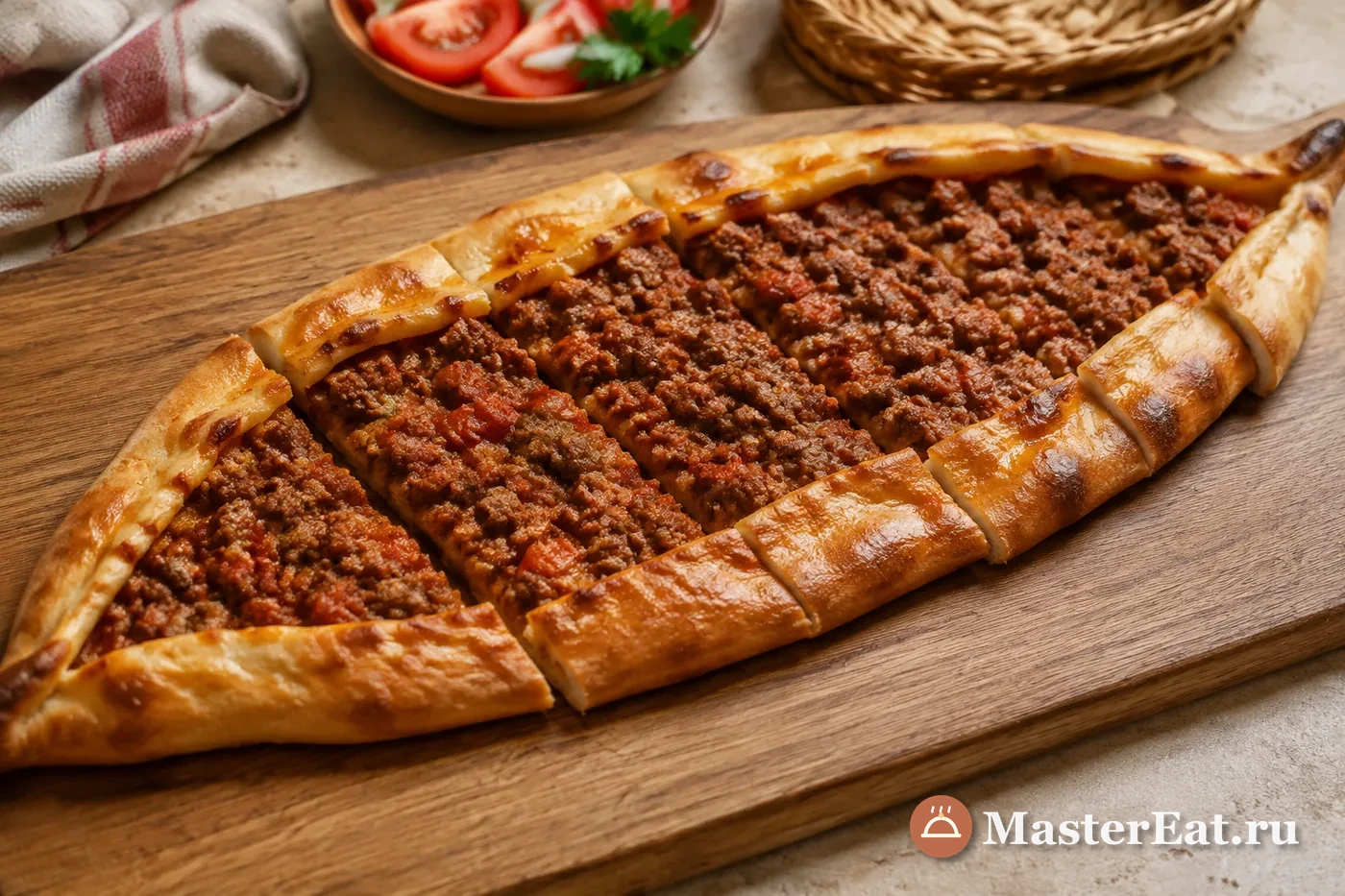 Турецкая лодочка пиде с мясным фаршем и овощами