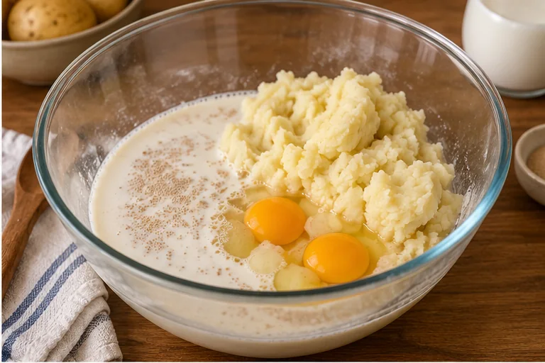 Тёплое молоко с дрожжами смешивают с размятым картофелем и яйцами