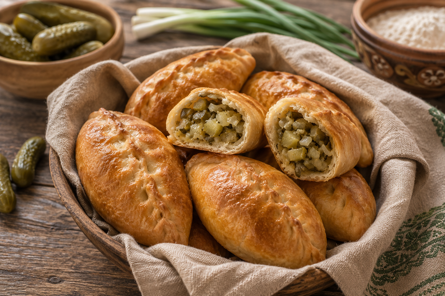 Румяные печёные пирожки с начинкой из солёных огурцов и мягкого репчатого лука