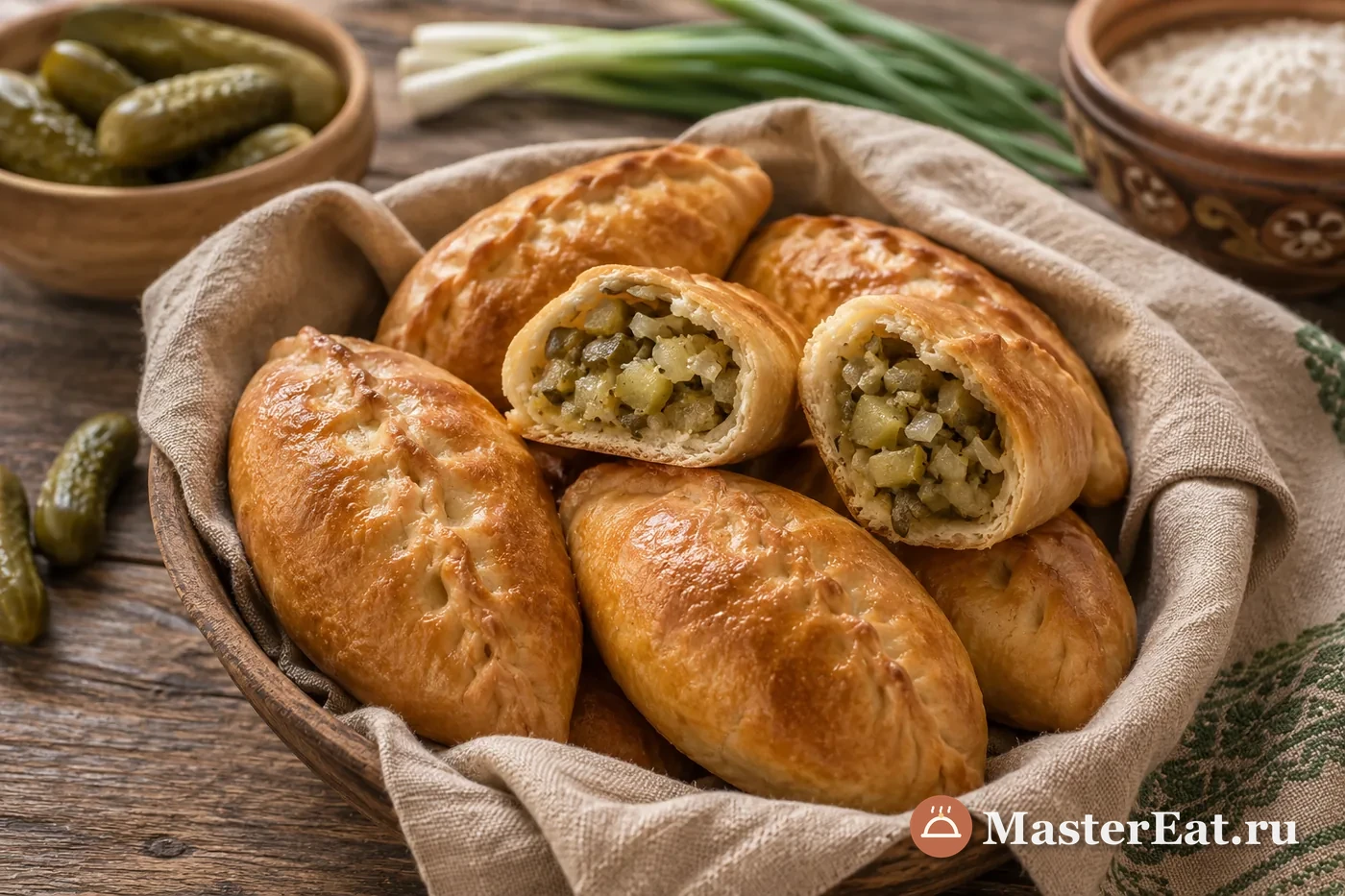 Румяные печёные пирожки с начинкой из солёных огурцов и мягкого репчатого лука