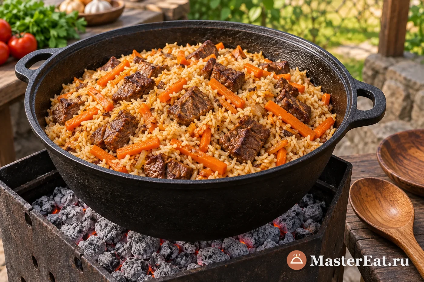 Рассыпчатый плов с крупными кусочками говядины и морковью в чёрном казане над углями