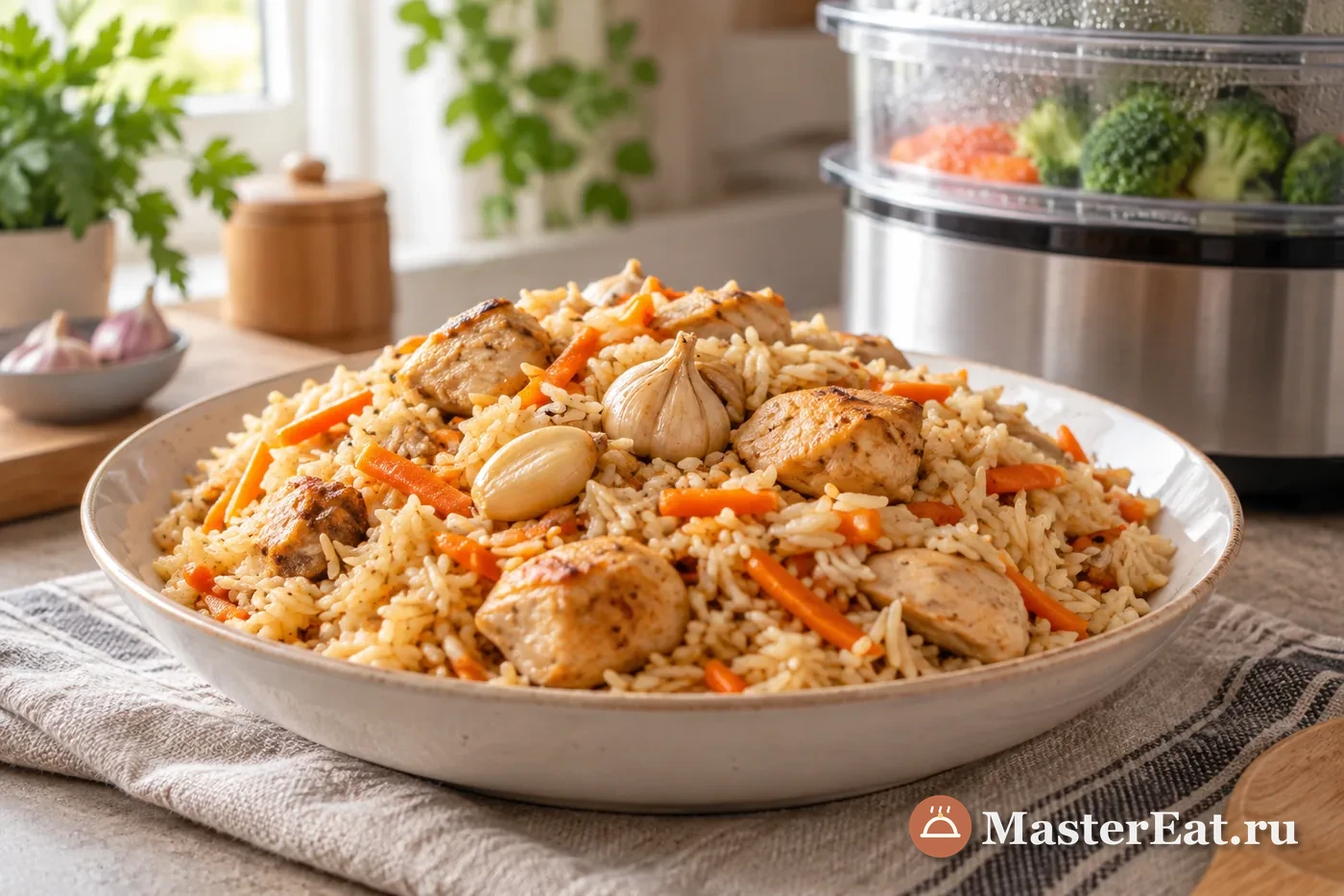 Рассыпчатый плов с кусочками курицы