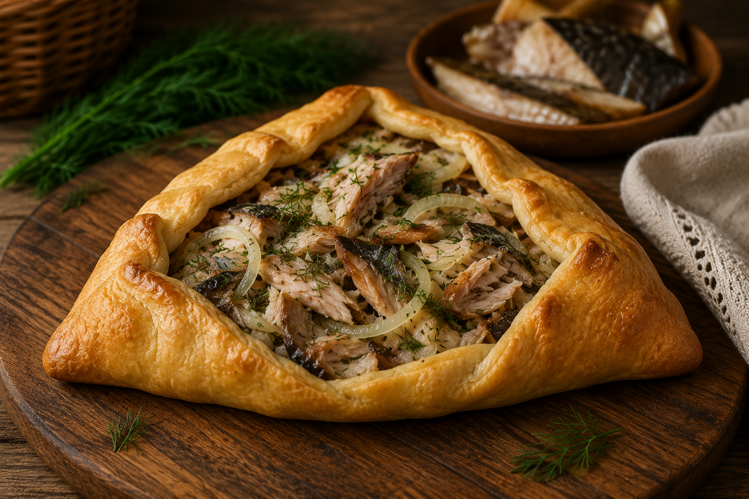 Полуоткрытый треугольный рыбный пирожок с кусочками копчёного леща и мягким луком