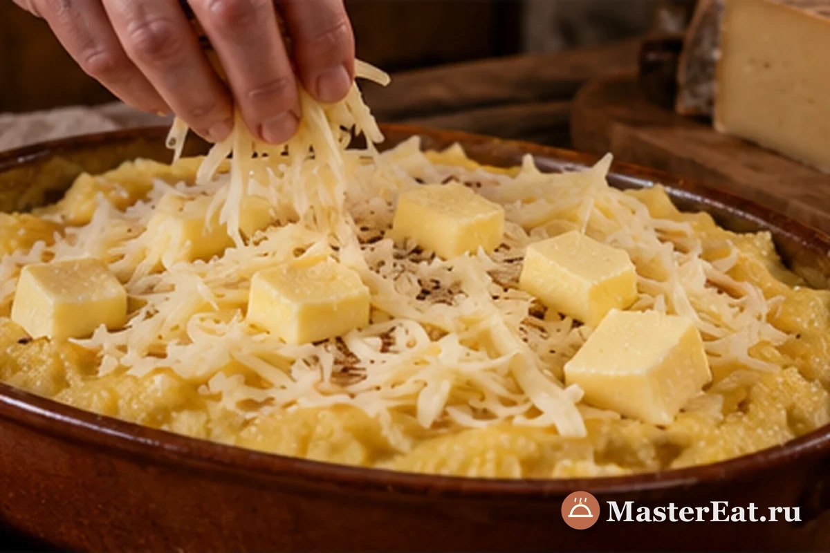 Слои горячей поленты перекладывают тёртой Fontina и кусочками сливочного масла