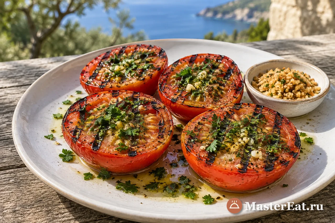 Плотные половинки помидоров с полосами гриля, зелёным маслом и чесноком