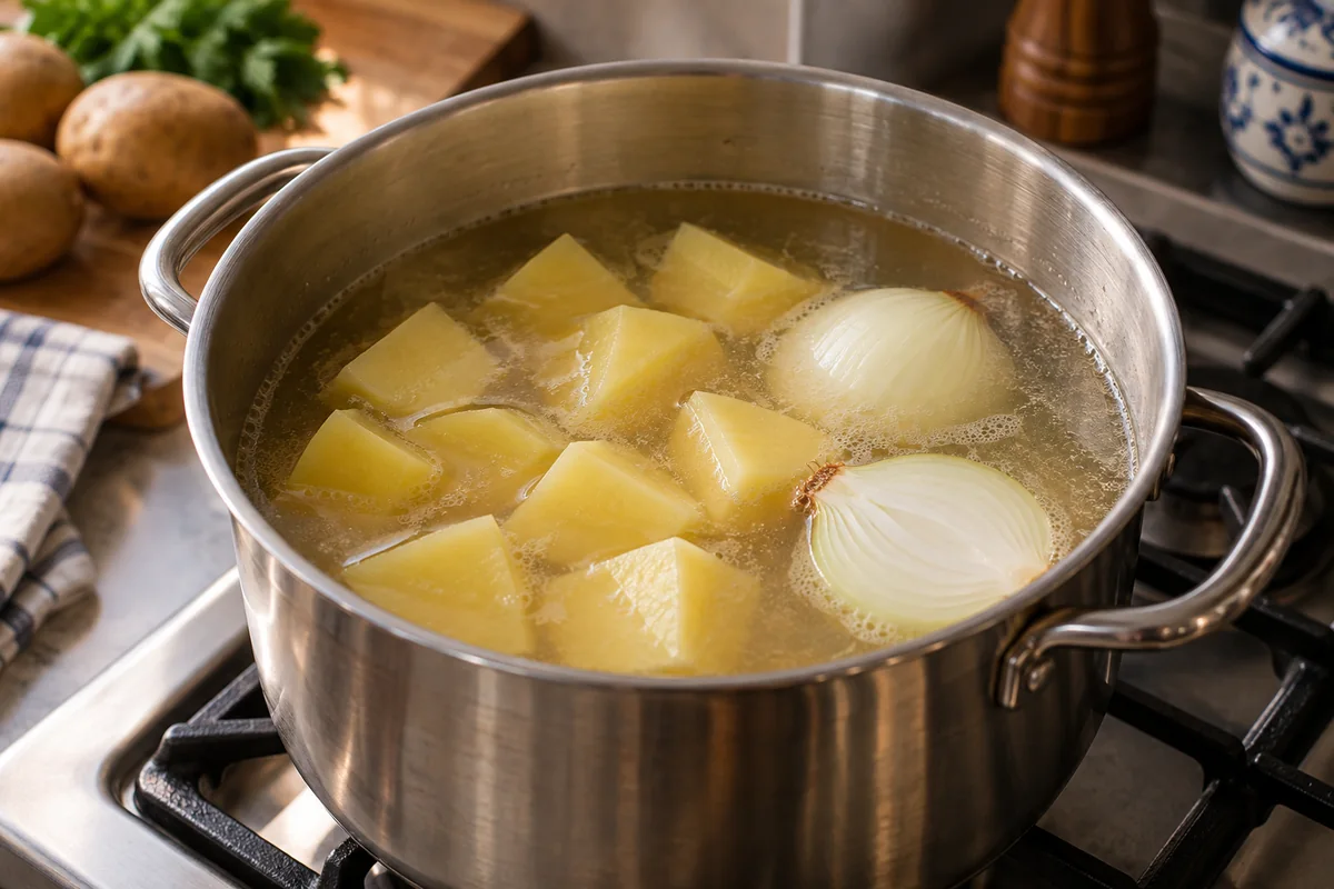 Крупные куски картофеля и половинки луковицы варят в бульоне