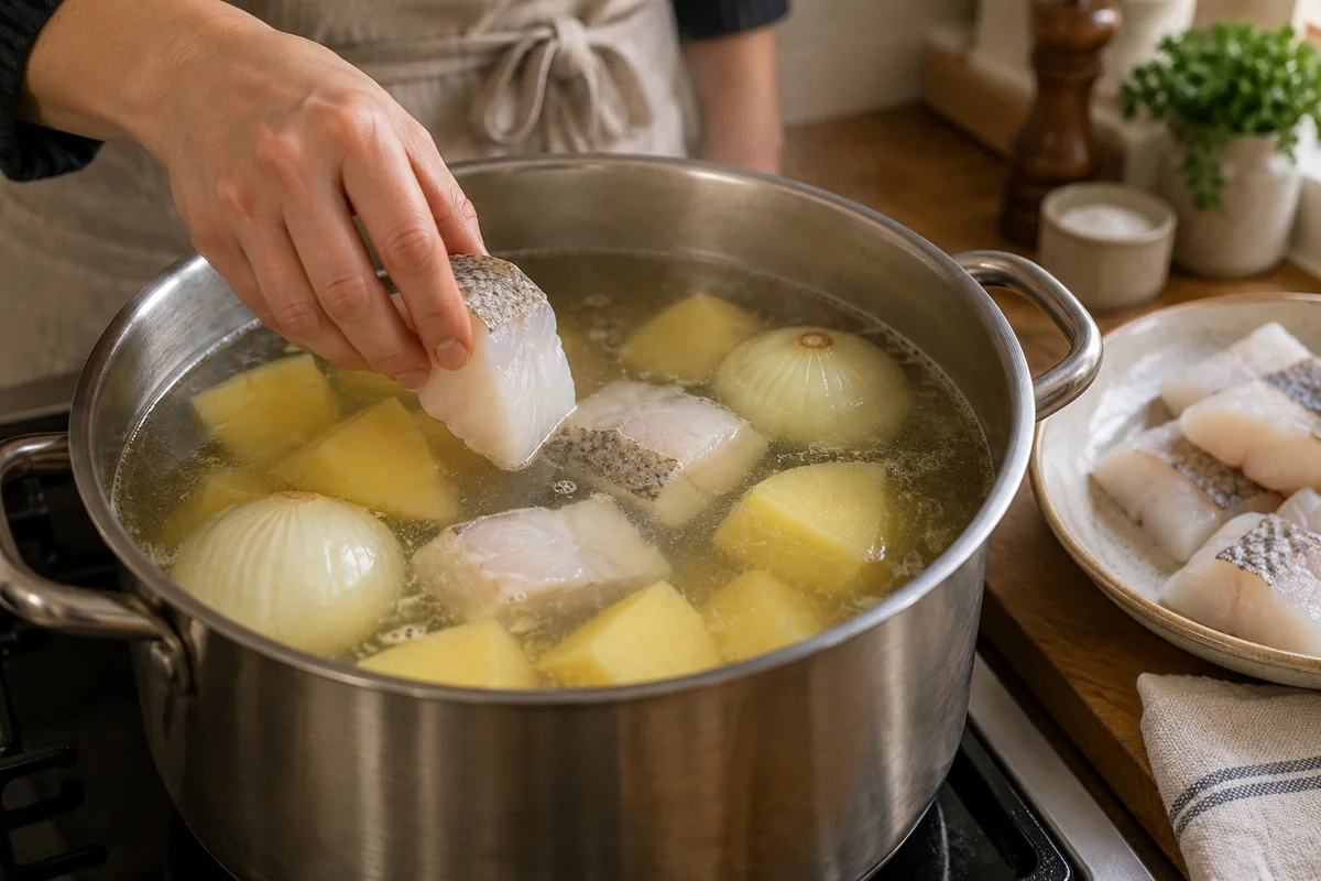 Куски филе трески опускают в слабо кипящий бульон с картофелем