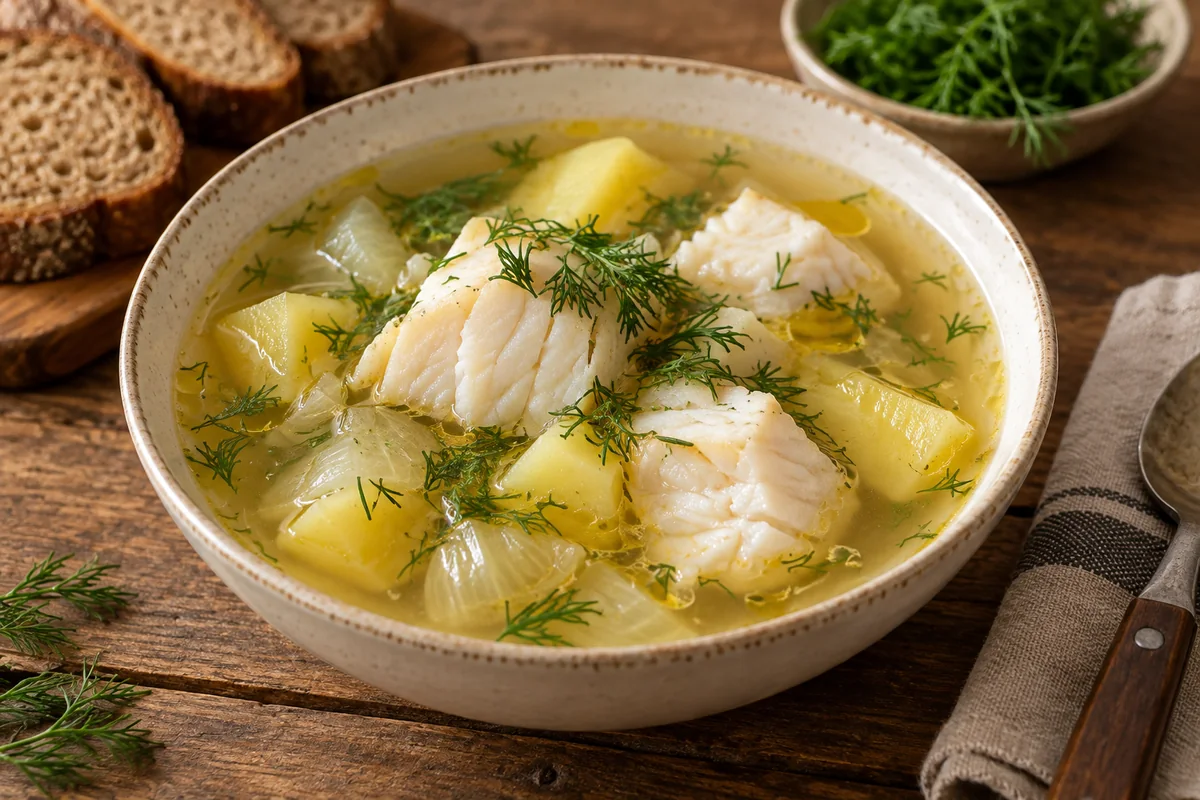 Прозрачная поморская уха с треской, картофелем, луком и укропом