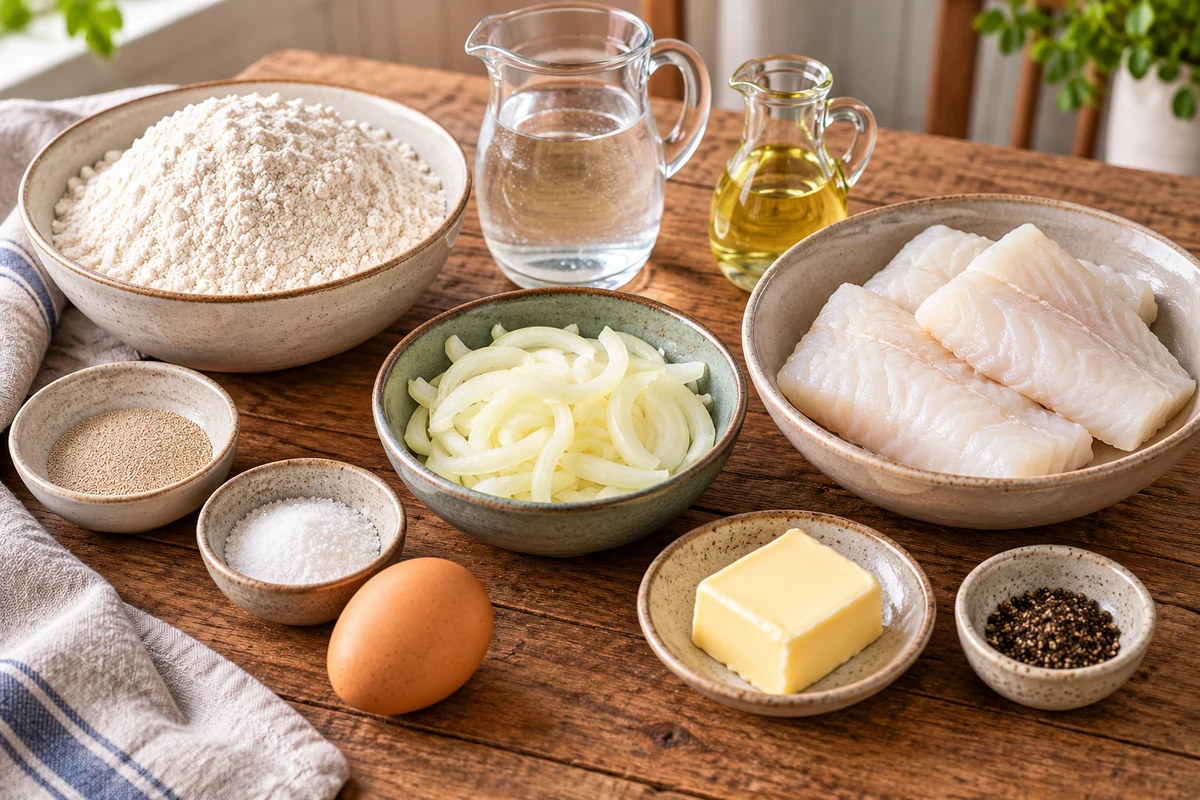 Поморский рыбник, шаг 1: Мука, вода, сухие дрожжи, соль, растительное масло, треска, лук, сливочное масло, яйцо и чёрный перец подготовлены для рыбника.