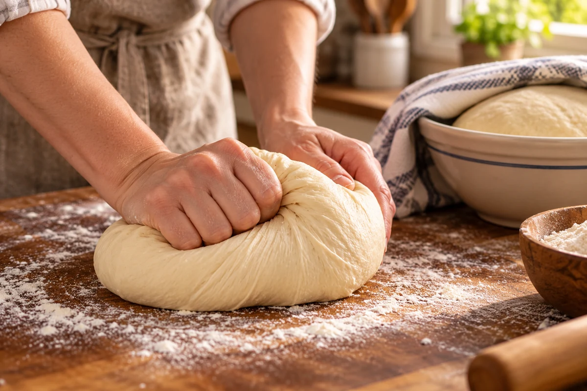 Поморский рыбник, шаг 2: Мягкое дрожжевое тесто вымешивают вручную; накрытая миска с тестом поднимается рядом.