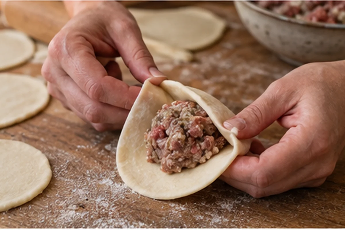 Мясная начинка лежит в центре круга теста