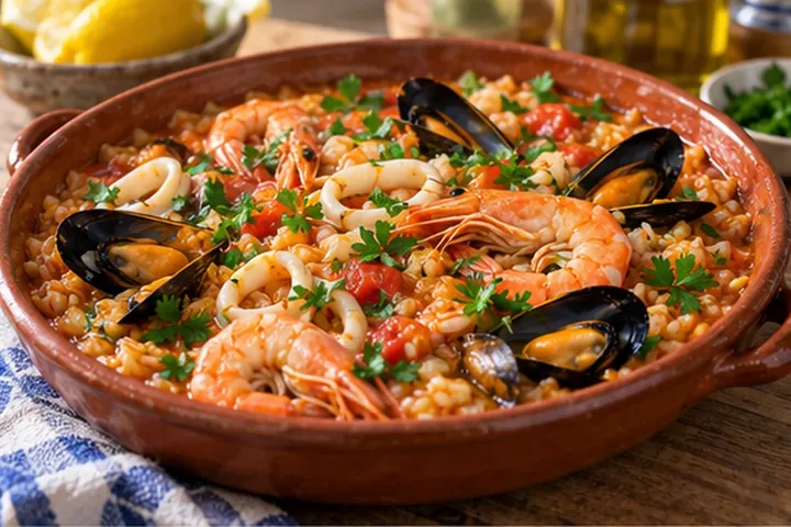 Португальский рис с морепродуктами, креветками, мидиями и кальмарами в томатном бульоне