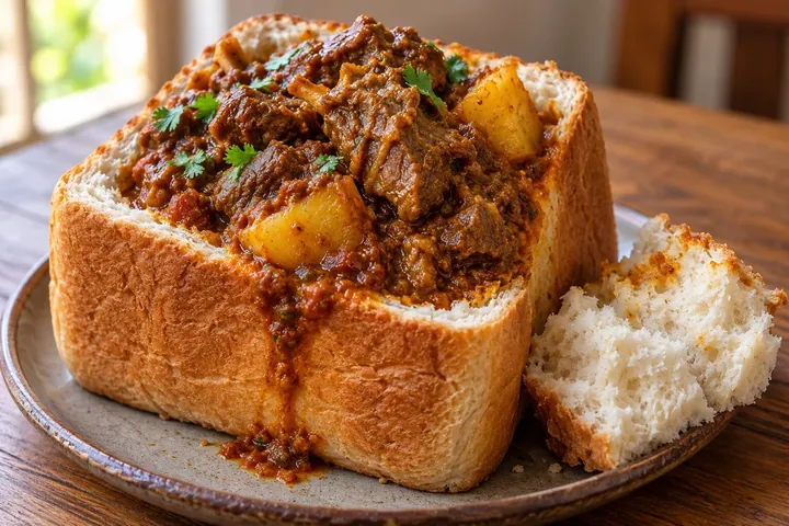 Банни-чау с пряной бараниной и картофелем в половине белой буханки хлеба