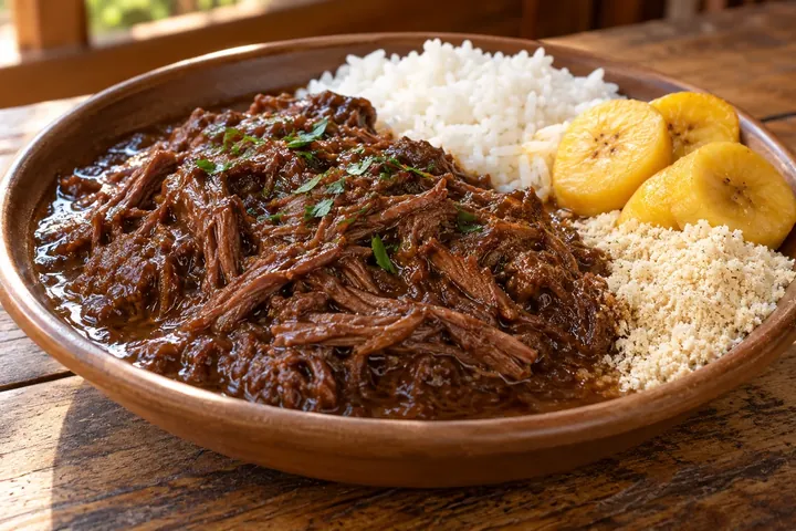 Барреадо из томлёной говядины с рисом, ломтиками банана и маниоковой мукой