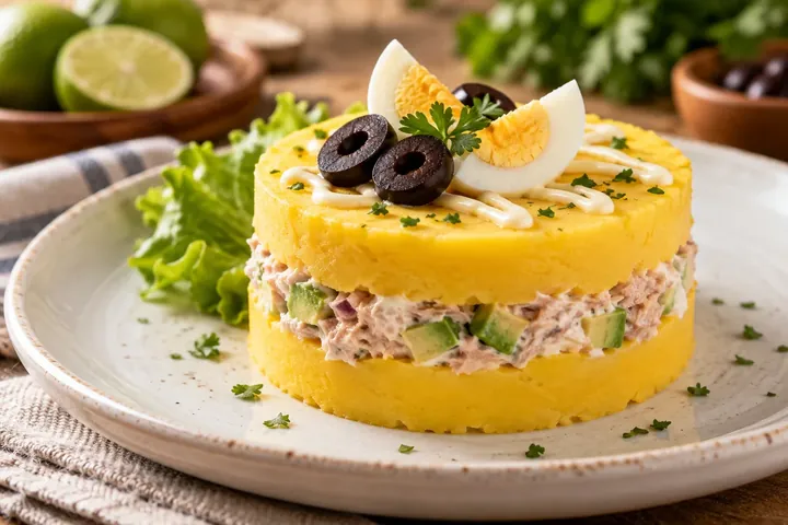 Слоёная кауса лименья с картофелем, тунцом, авокадо и оливками