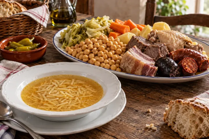 Косидо мадриленьо с бульоном, нутом, овощами и мясом