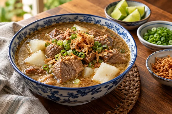 Кото Макассар – говяжий суп с рубцом, арахисом и рисом